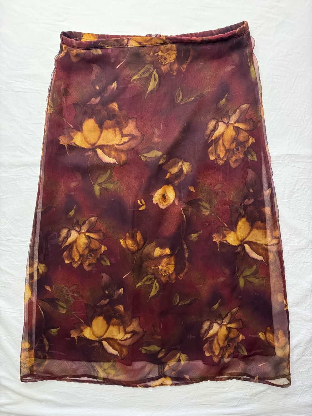 Ilyza - Y2k Sheer Floral Midi Skirt in Burgundy and Mustard